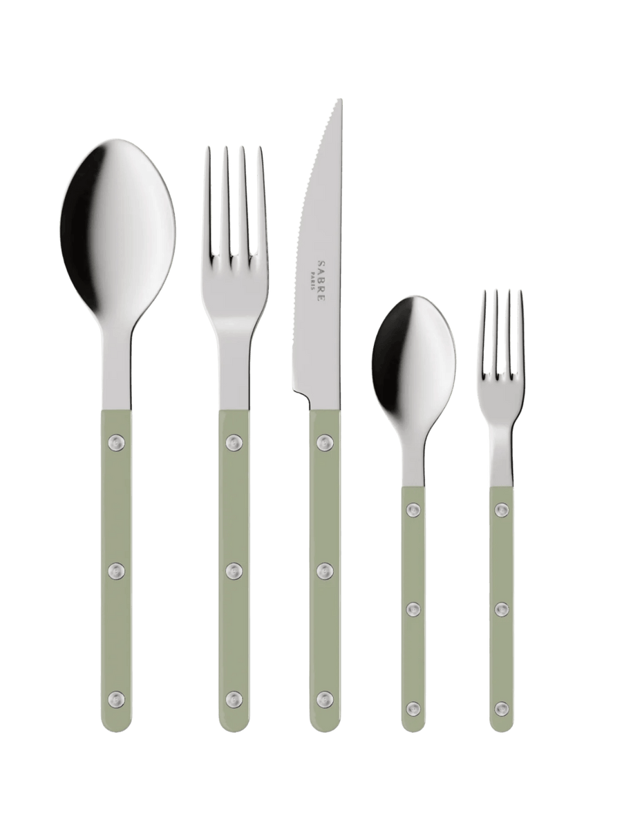 The complete Sabre Paris Bistrot Solid Shiny 5 Piece Cutlery Set in Asparagus including a soup spoon, a dinner fork, a serrated dinner knife blade, a teaspoon and a small fork | Twentyseven Toronto