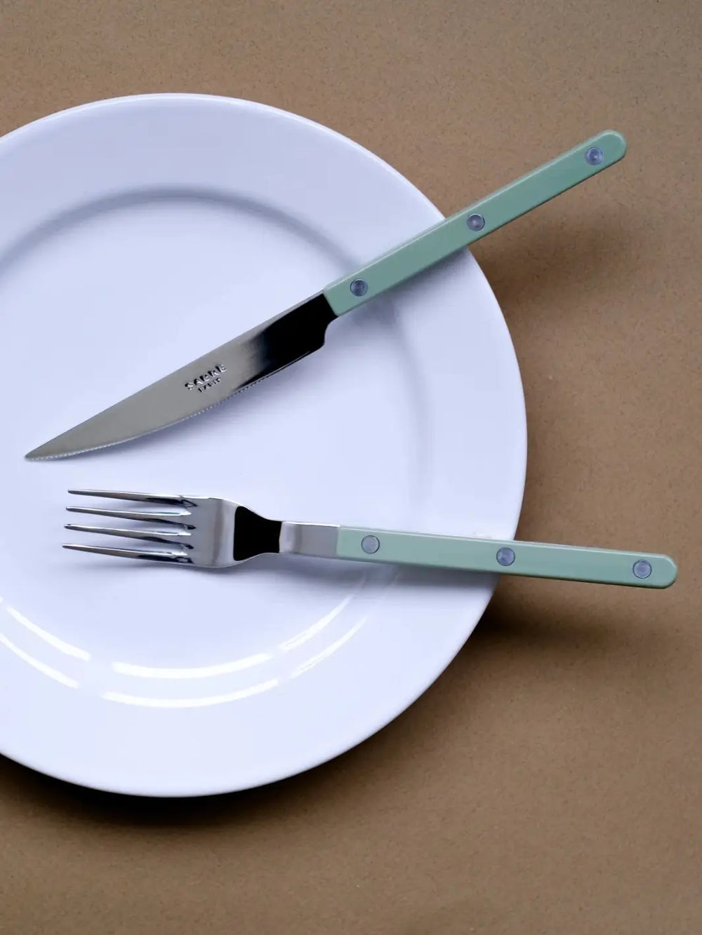 Dinner knife and fork from the Sabre Paris Bistrot Solid Shiny 5 Piece Cutlery Set in Asparagus resting on a white plate against a tan background | Twentyseven Toronto