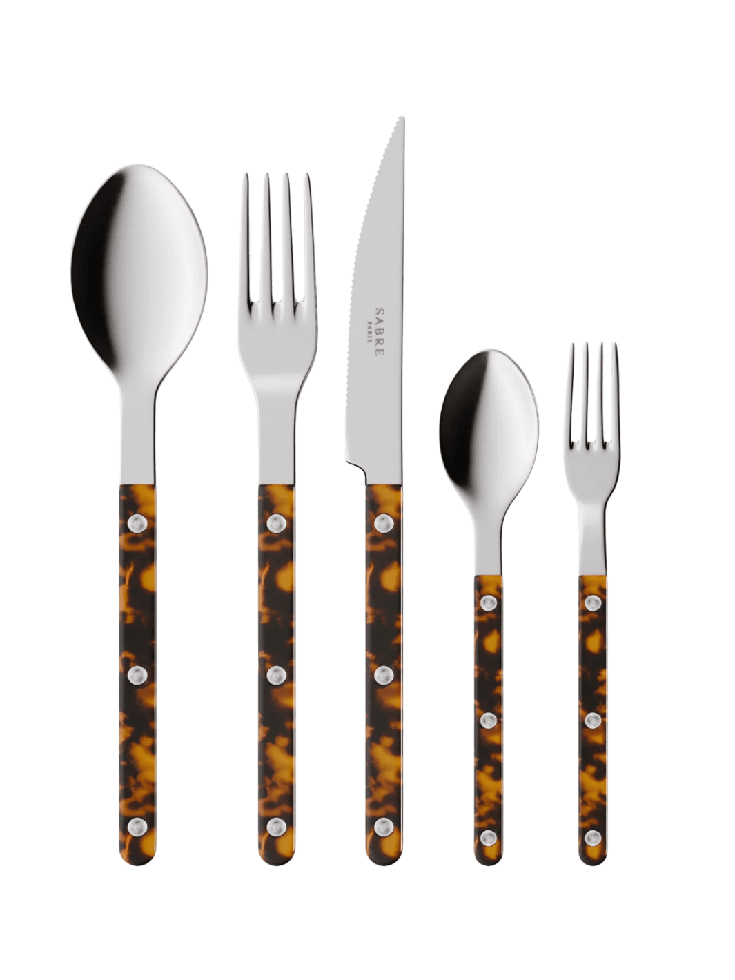 The complete Sabre Paris Bistrot Solid Shiny 5 Piece Cutlery Set in Faux Tortoise including a soup spoon, a dinner fork, a serrated dinner knife blade, a teaspoon and a small fork | Twentyseven Toronto