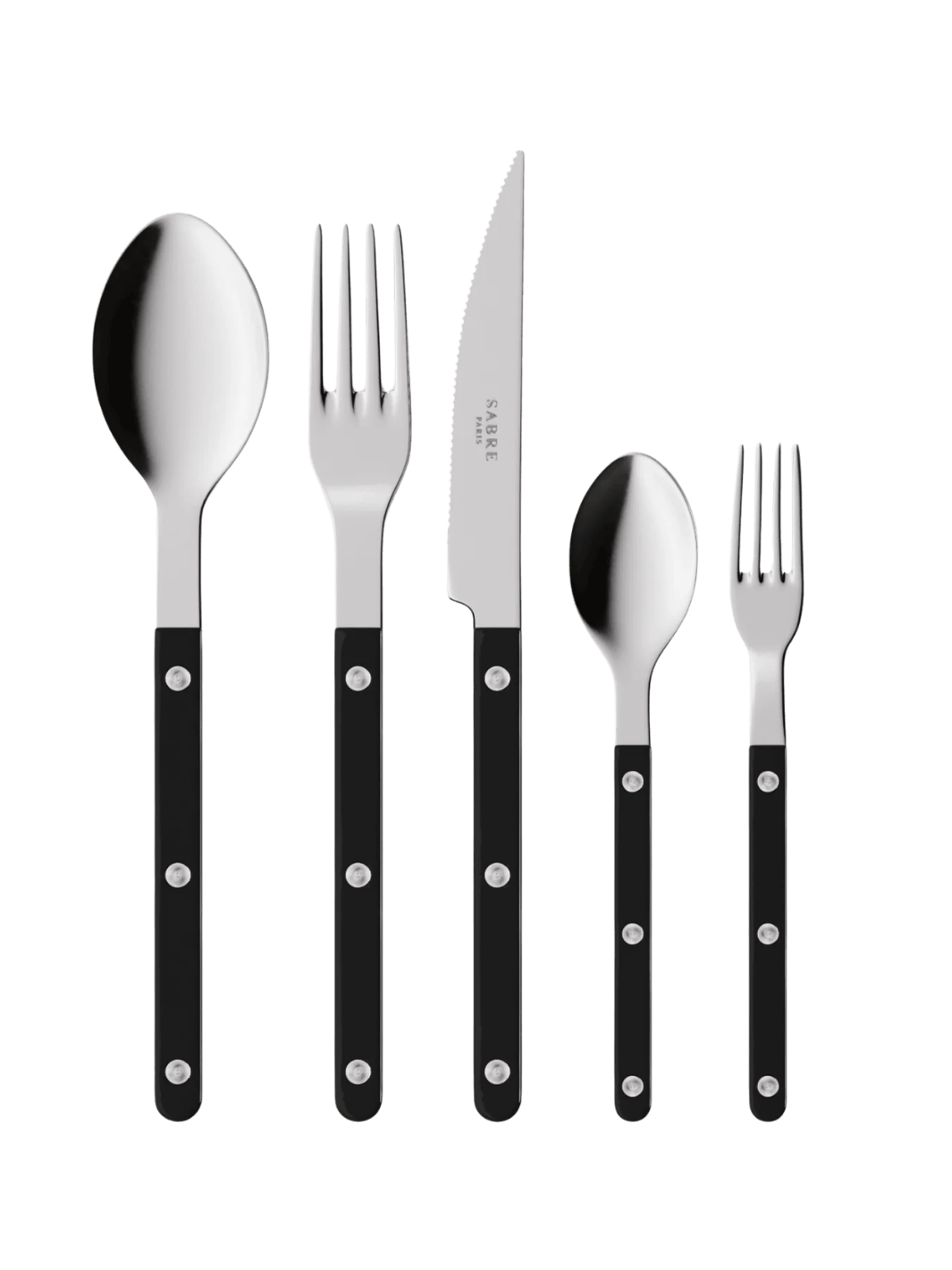 The complete Sabre Paris Bistrot Solid Shiny 5 Piece Cutlery Set in Black including a soup spoon, a dinner fork, a serrated dinner knife blade, a teaspoon and a small fork | Twentyseven Toronto