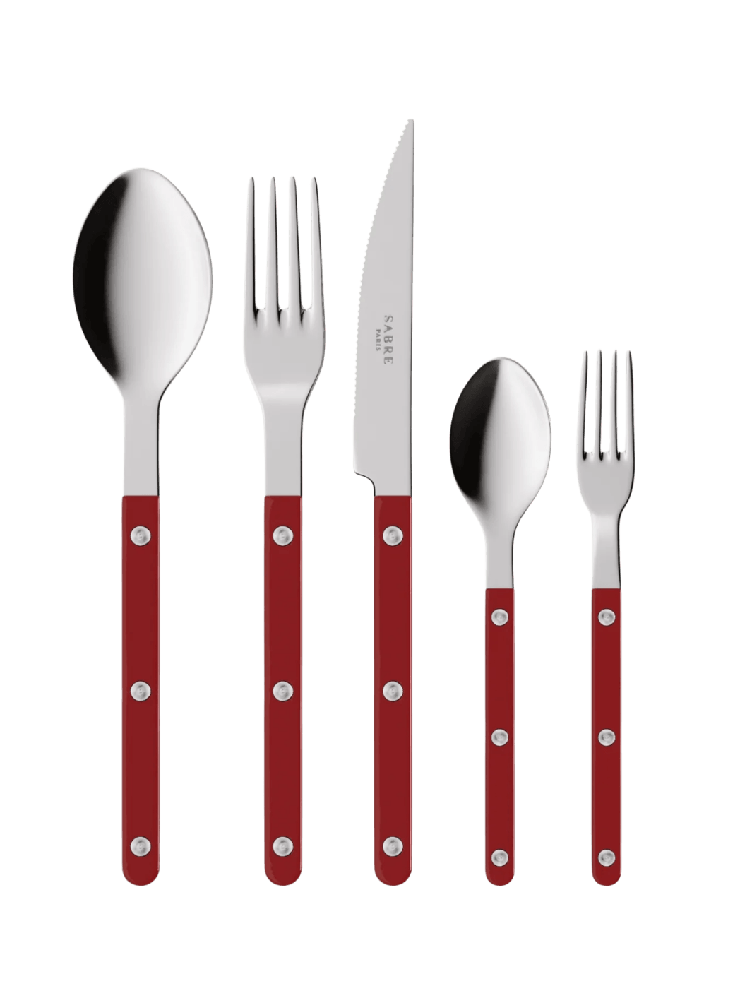 The complete Sabre Paris Bistrot Solid Shiny 5 Piece Cutlery Set in Burgundy including a soup spoon, a dinner fork, a serrated dinner knife blade, a teaspoon and a small fork | Twentyseven Toronto