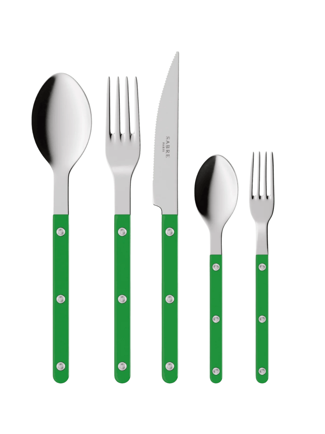 The complete Sabre Paris Bistrot Solid Shiny 5 Piece Cutlery Set in Garden Green including a soup spoon, a dinner fork, a serrated dinner knife blade, a teaspoon and a small fork | Twentyseven Toronto