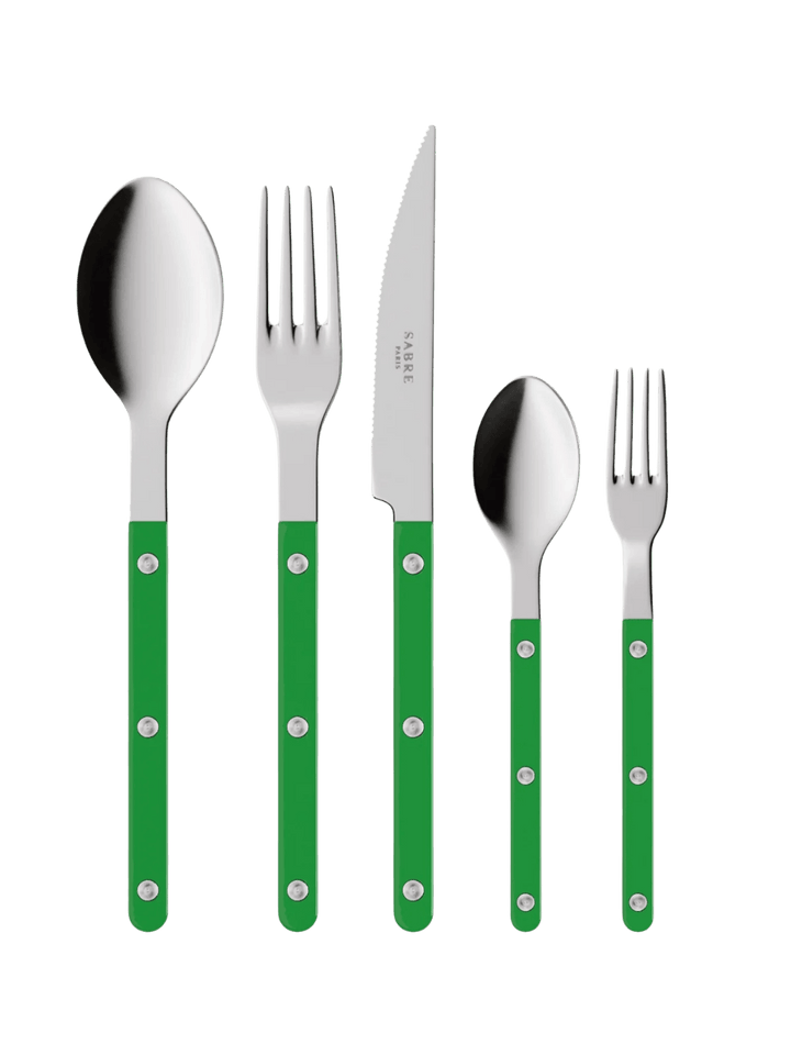 The complete Sabre Paris Bistrot Solid Shiny 5 Piece Cutlery Set in Garden Green including a soup spoon, a dinner fork, a serrated dinner knife blade, a teaspoon and a small fork | Twentyseven Toronto