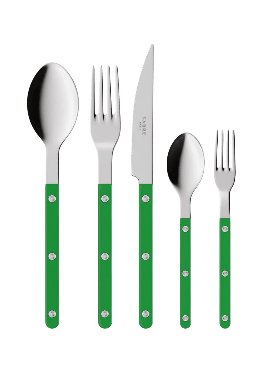 The complete Sabre Paris Bistrot Solid Shiny 5 Piece Cutlery Set in Garden Green including a soup spoon, a dinner fork, a serrated dinner knife blade, a teaspoon and a small fork | Twentyseven Toronto
