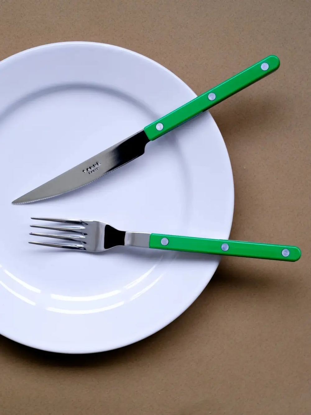Dinner knife and fork from the Sabre Paris Bistrot Solid Shiny 5 Piece Cutlery Set in Garden Green resting on a white plate against a tan background | Twentyseven Toronto