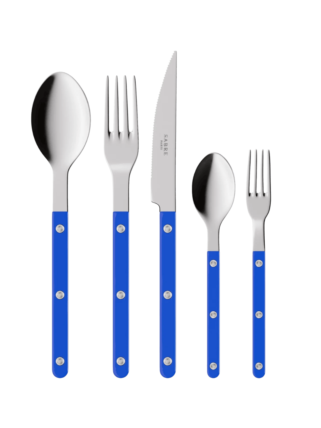 The complete Sabre Paris Bistrot Solid Shiny 5 Piece Cutlery Set in Lapis Blue including a soup spoon, a dinner fork, a serrated dinner knife blade, a teaspoon and a small fork | Twentyseven Toronto