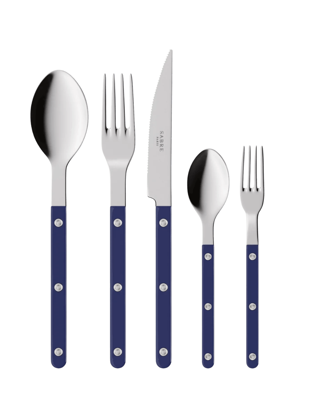 The complete Sabre Paris Bistrot Solid Shiny 5 Piece Cutlery Set in Navy Blue including a soup spoon, a dinner fork, a serrated dinner knife blade, a teaspoon and a small fork | Twentyseven Toronto