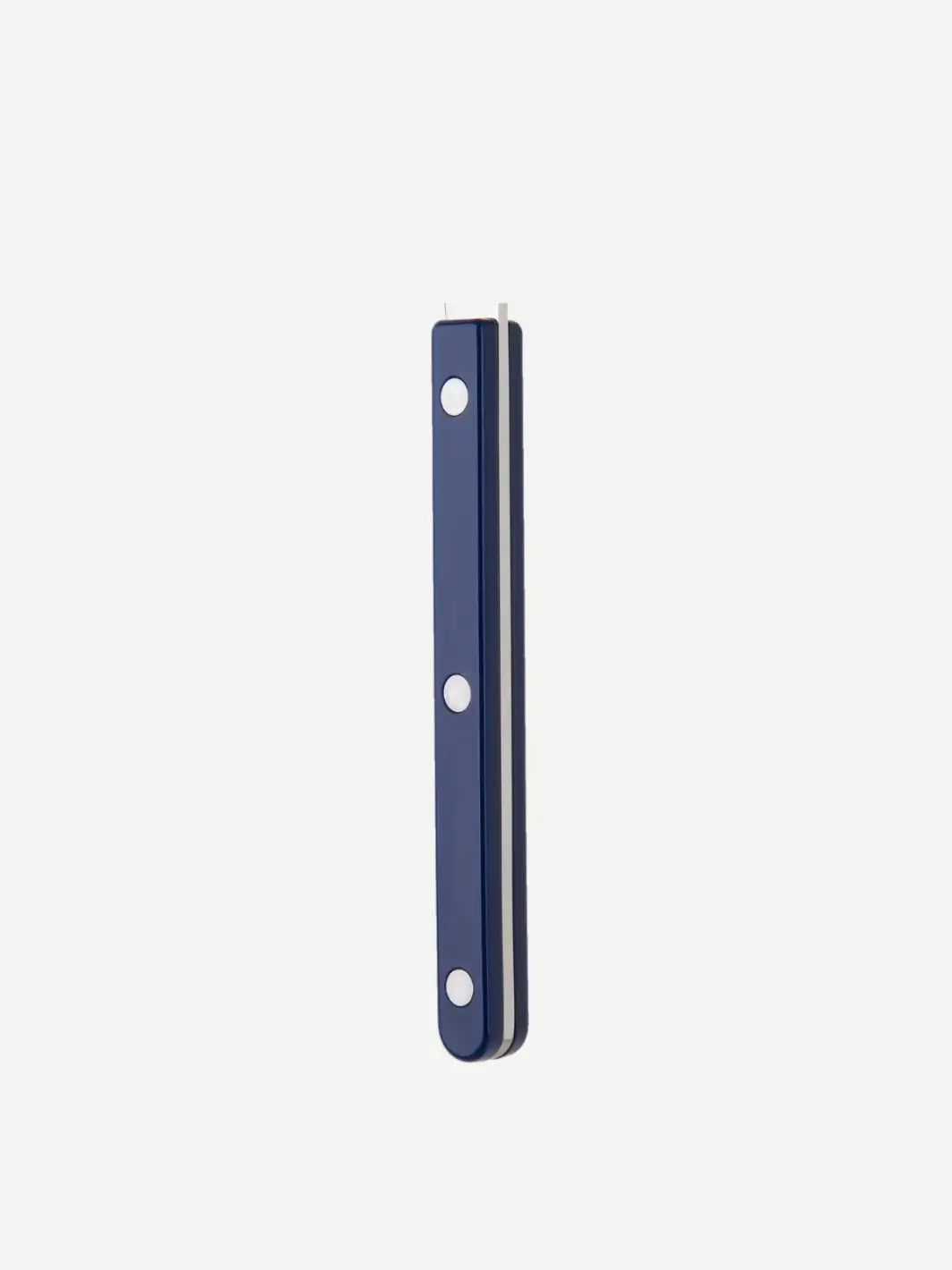 Side view of a handle from the Sabre Paris Bistrot Solid Shiny 5 Piece Cutlery Set in Navy Blue, highlighting the deep blue finish and the triple-rivet stainless steel detail | Twentyseven Toronto