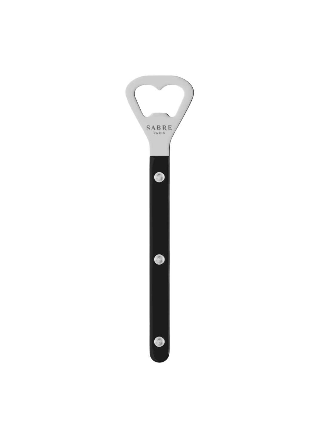 Sabre Paris Shiny Bistrot Solid Bottle Opener in Black displaying the "Sabre Paris" logo engraved on the stainless steel head | Twentyseven Toronto
