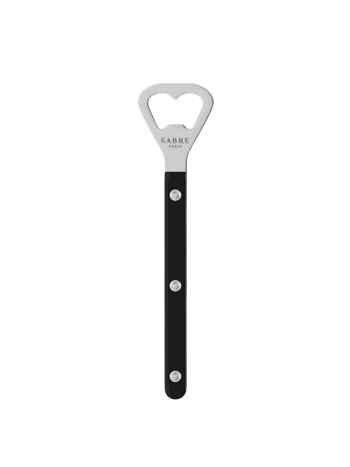 Sabre Paris Shiny Bistrot Solid Bottle Opener in Black displaying the "Sabre Paris" logo engraved on the stainless steel head | Twentyseven Toronto