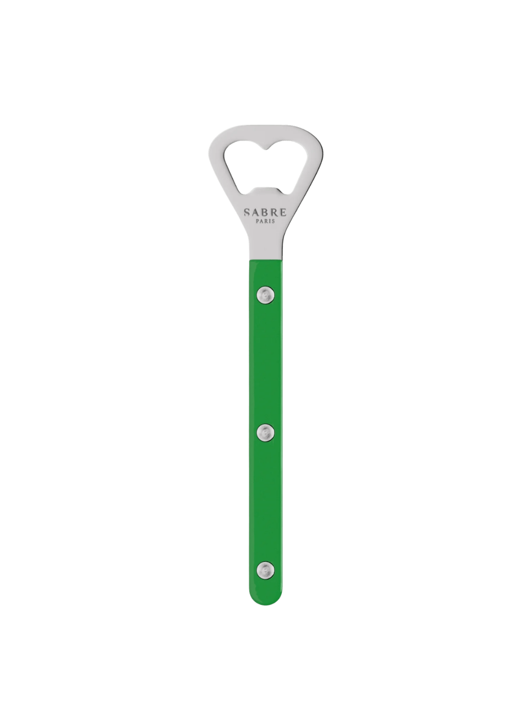 Sabre Paris Shiny Bistrot Solid Bottle Opener in Garden Green displaying the "Sabre Paris" logo engraved on the stainless steel head | Twentyseven Toronto
