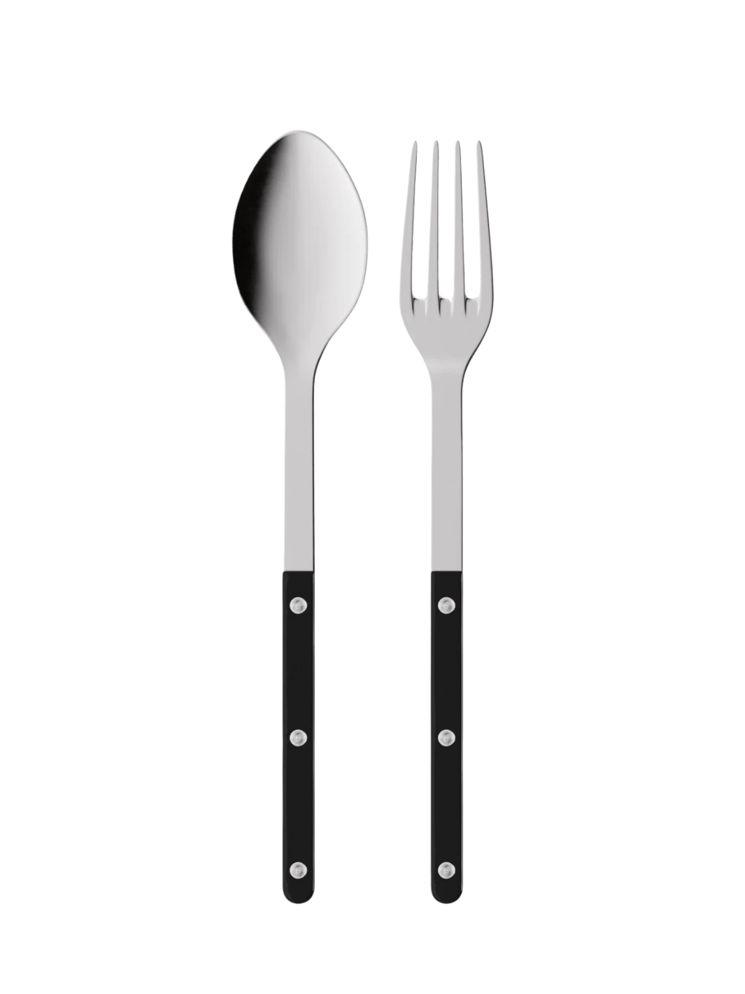 Sabre Paris Bistrot Solid Shiny Serving Set in Black centered on a transparent background, displaying the polished stainless steel serving spoon and fork | Twentyseven Toronto
