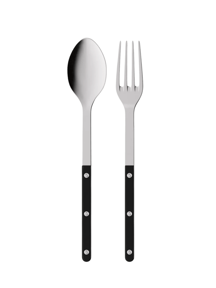 Sabre Paris Bistrot Solid Shiny Serving Set in Black centered on a transparent background, displaying the polished stainless steel serving spoon and fork | Twentyseven Toronto