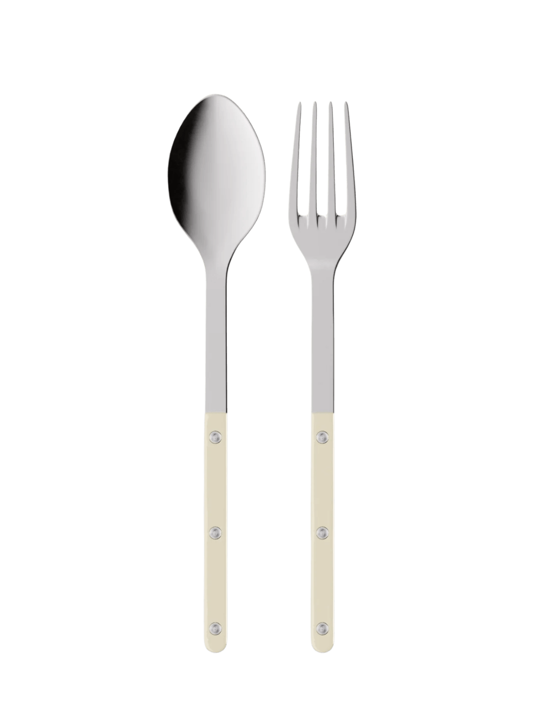 Sabre Paris Bistrot Solid Shiny Serving Set in Ivory centered on a white background, displaying the polished stainless steel serving spoon and fork | Twentyseven Toronto