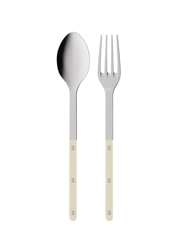 Sabre Paris Bistrot Solid Shiny Serving Set in Ivory centered on a white background, displaying the polished stainless steel serving spoon and fork | Twentyseven Toronto