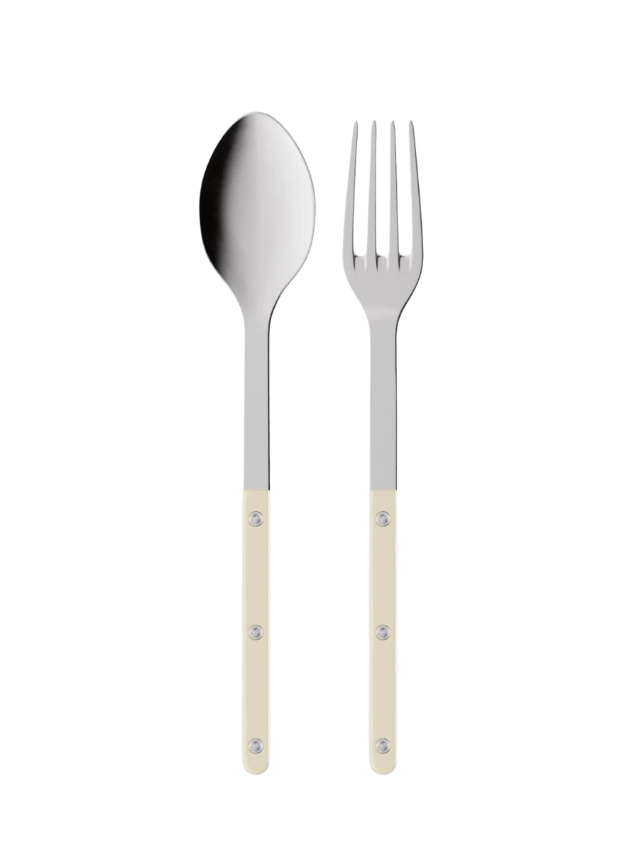 Sabre Paris Bistrot Solid Shiny Serving Set in Ivory centered on a white background, displaying the polished stainless steel serving spoon and fork | Twentyseven Toronto