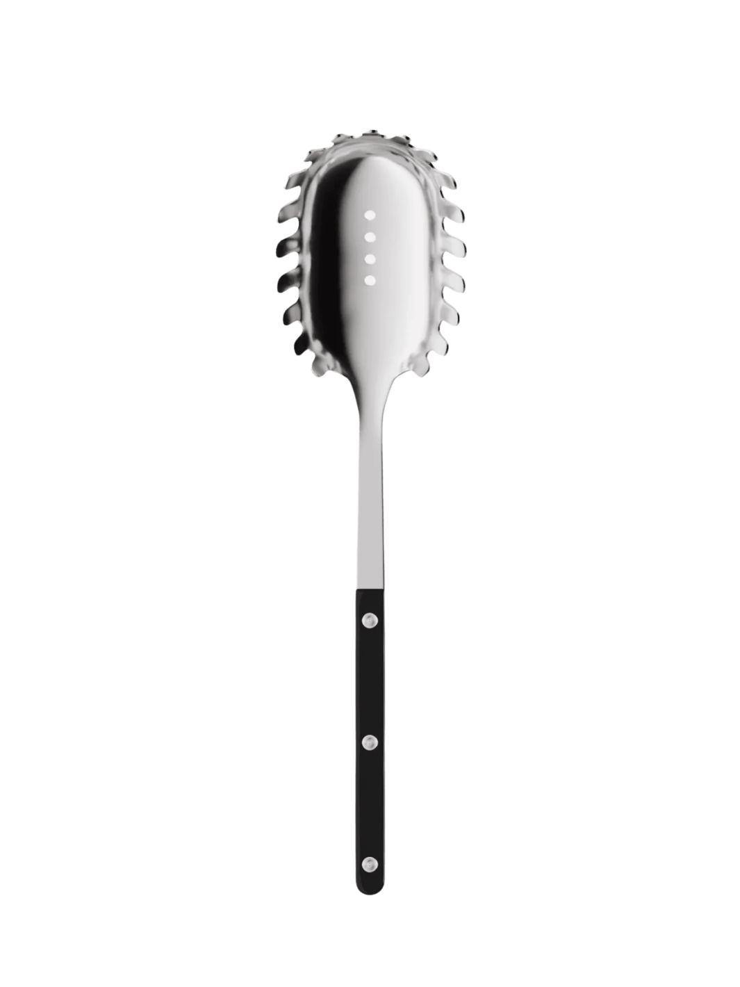 Front shot of the Sabre Paris Bistrot Solid Shiny Spaghetti Spoon in Black highlighting the polished stainless steel prongs and the elegant ivory-coloured handle on a transparent background | Twentyseven Toronto