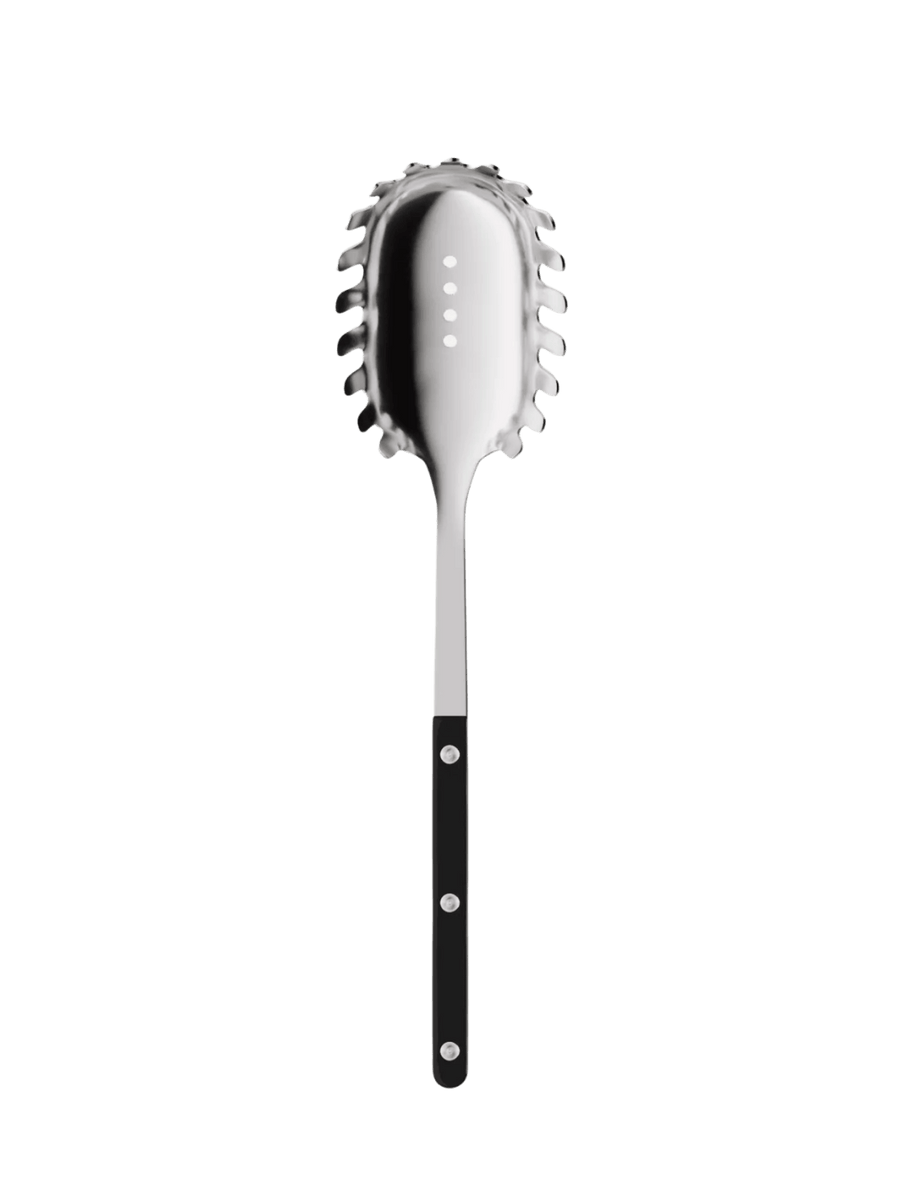 Front shot of the Sabre Paris Bistrot Solid Shiny Spaghetti Spoon in Black highlighting the polished stainless steel prongs and the elegant ivory-coloured handle on a transparent background | Twentyseven Toronto