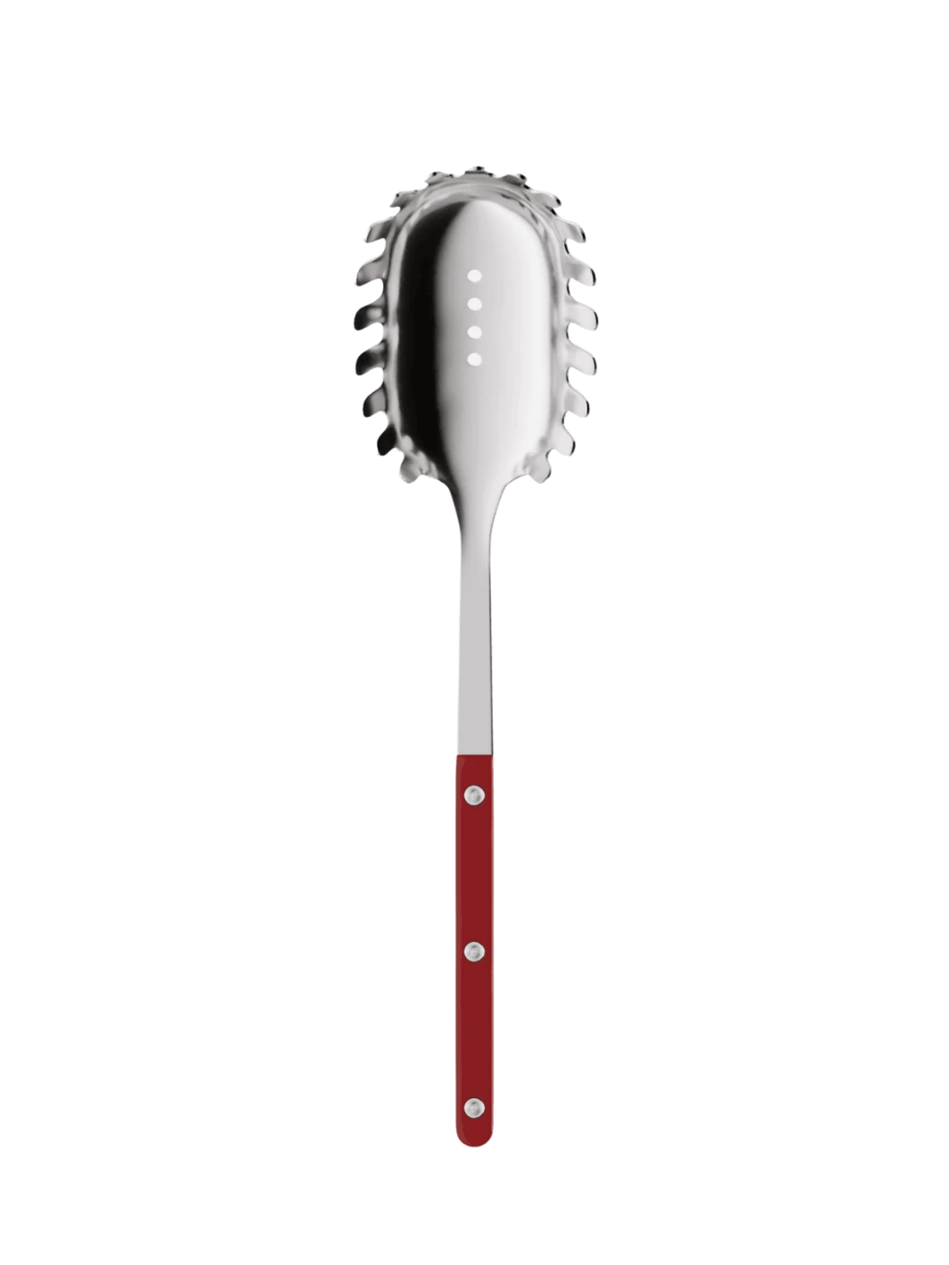 Front shot of the Sabre Paris Bistrot Solid Shiny Spaghetti Spoon in Burgundy highlighting the polished stainless steel prongs and the elegant burgundy-coloured handle on a transparent background | Twentyseven Toronto