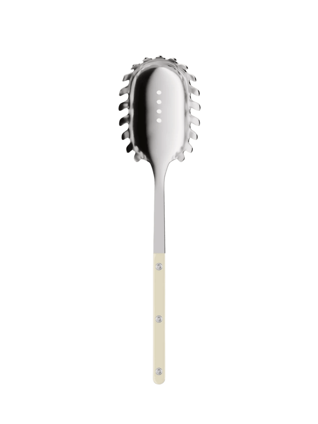 Front shot of the Sabre Paris Bistrot Solid Shiny Spaghetti Spoon in Ivory highlighting the polished stainless steel prongs and the elegant ivory-coloured handle on a transparent background | Twentyseven Toronto