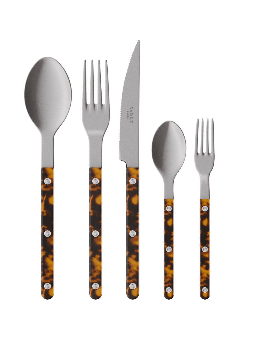 The complete Sabre Paris Bistrot Vintage Finish 5 Piece Cutlery Set in Faux Tortoise including a soup spoon, a dinner fork, a serrated dinner knife blade, a teaspoon and a small fork | Twentyseven Toronto