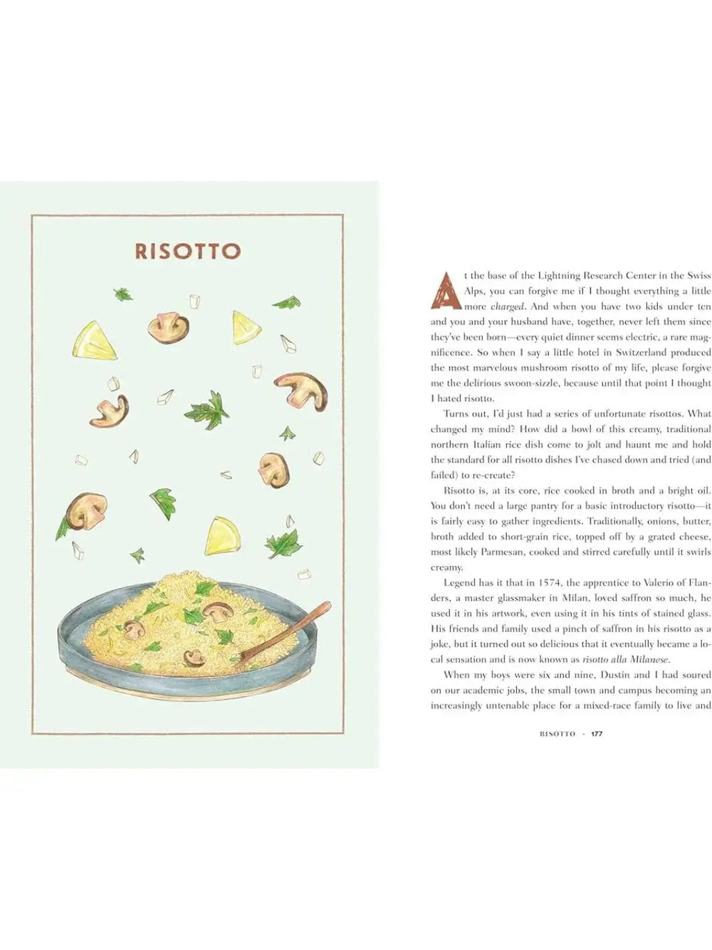 An open page from Bite by Bite Nourishments and Jamborees by Aimee Nezhukumatathil features the chapter title "RISOTTO" next to a watercolor illustration of ingredients raining down into a steaming bowl of rice | Twentyseven Toronto