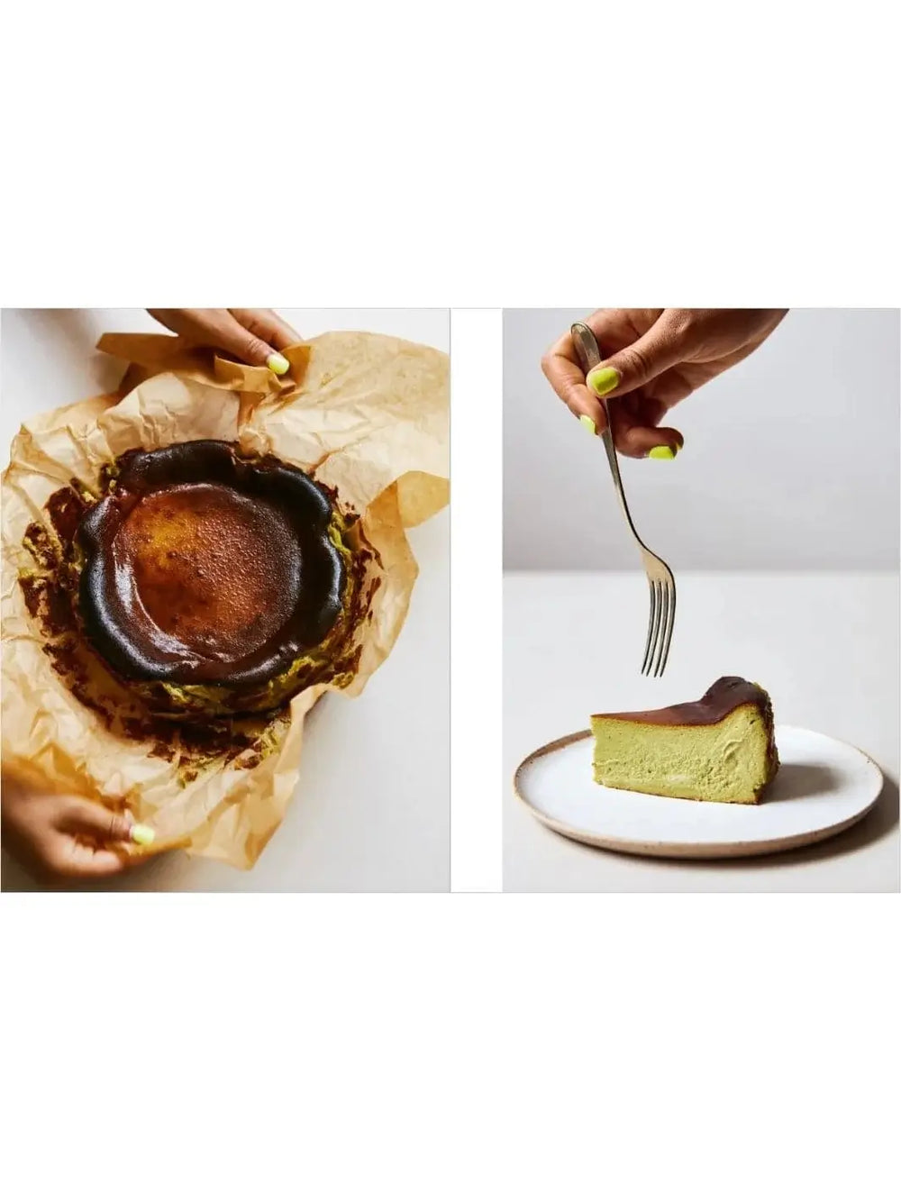 Hands holding a whole Basque cheesecake on parchment paper are shown next to a single slice of green-tinted cheesecake served on a plate with a fork, from the cookbook "Bitter by Alexina Anatole" | Twentyseven Toronto