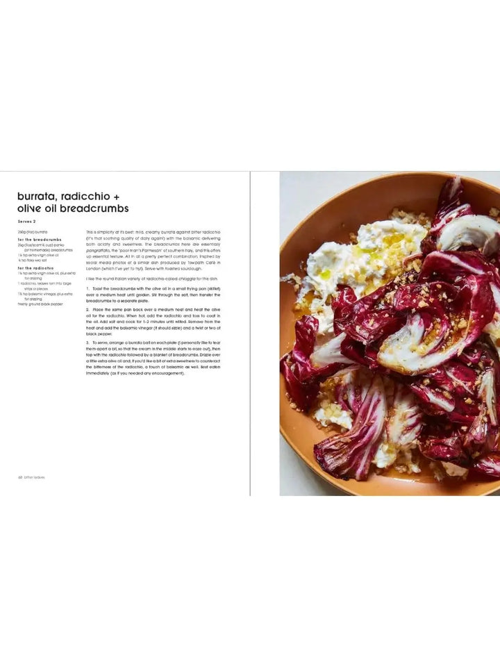A recipe layout from "Bitter by Alexina Anatole" shows culinary instructions alongside a plate featuring creamy burrata cheese nestled in vibrant, red chicory leaves and sprinkled with olive oil breadcrumbs | Twentyseven Toronto