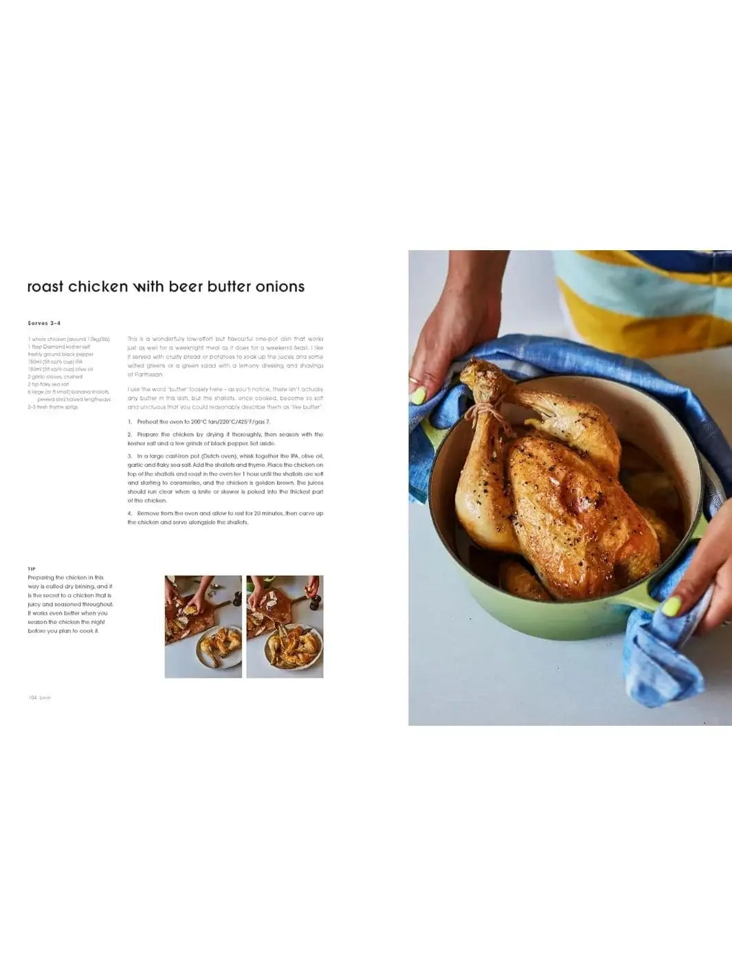 A cookbook spread from "Bitter by Alexina Anatole" features a recipe for roast chicken with beer butter onions next to an image of a whole roasted chicken resting inside a green Dutch oven | Twentyseven Toronto