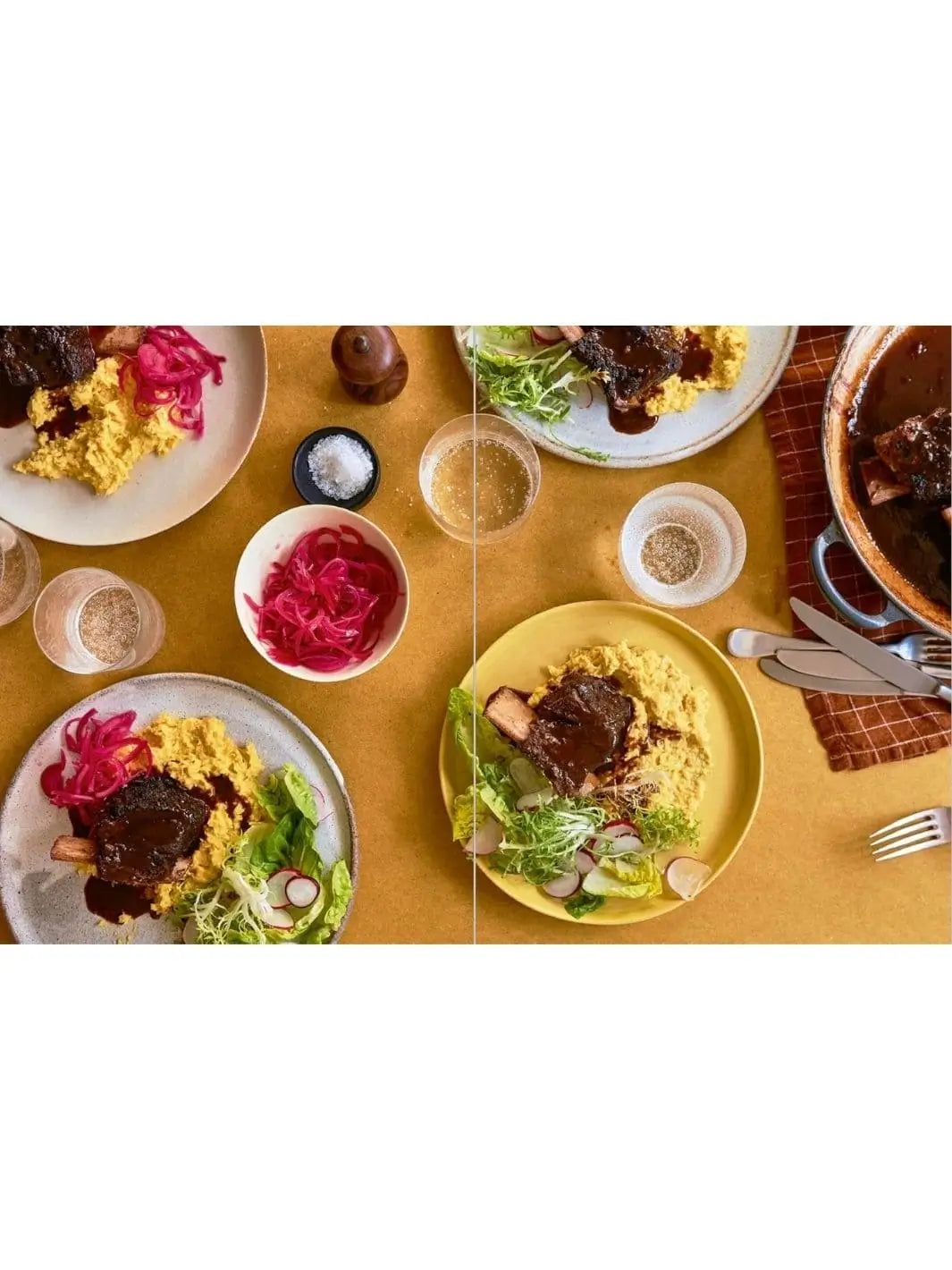 A flat-lay dinner setting from "Bitter by Alexina Anatole" features plates of braised short ribs served with bright pink pickled onions, mashed sides, and fresh greens on a warm yellow tablecloth | Twentyseven Toronto