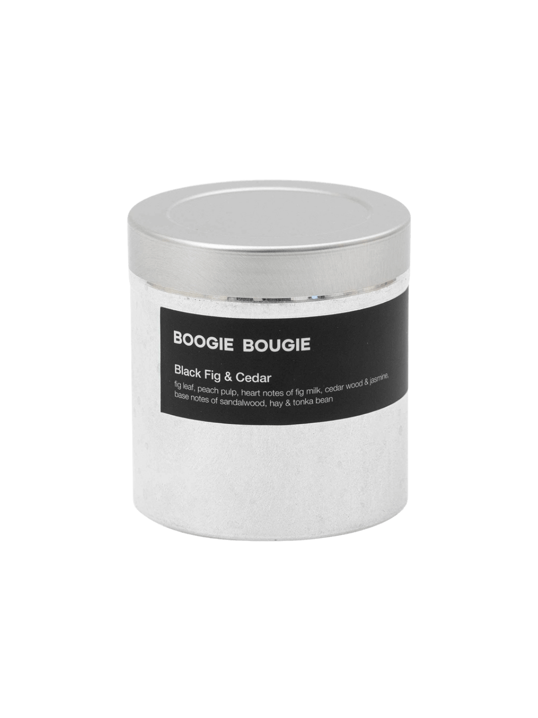 Black Fig and Cedar tin candle with 'Boogie Bougie' label on a transparent background | Twentyseven Toronto