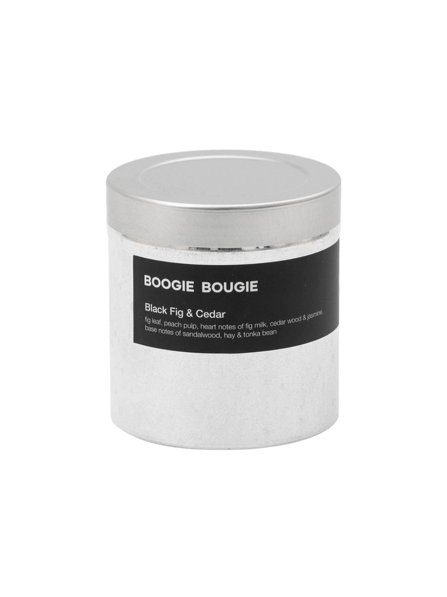 Black Fig and Cedar tin candle with 'Boogie Bougie' label on a transparent background | Twentyseven Toronto