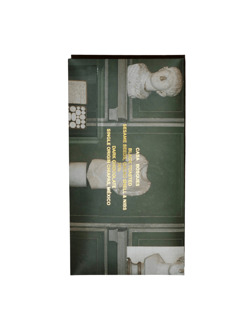 Premium Black Toasted Sesame Seeds, Cacao Shell & Nibs Chocolate Bar from Casa Bosques is shown in its artistic, museum-inspired paper packaging featuring classical busts | Twentyseven Toronto