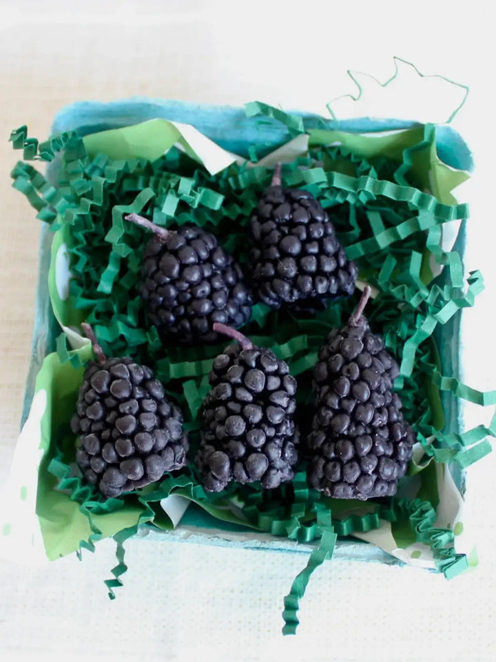 Blackberry-shaped beeswax candles from Happy Organics in a box on a white background | Twentyseven Toronto