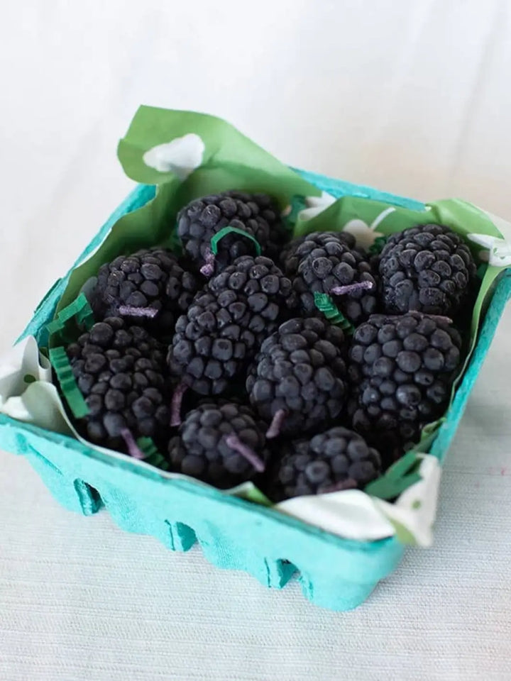 Blackberry-shaped beeswax candles from Happy Organics in a blue container on a white background | Twentyseven Toronto