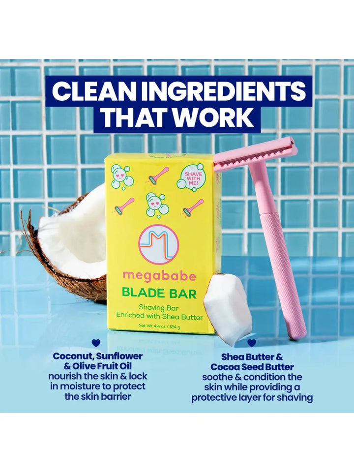 Megababe Blade Bar with a pink razor on a blue tiled background | Twentyseven Toronto