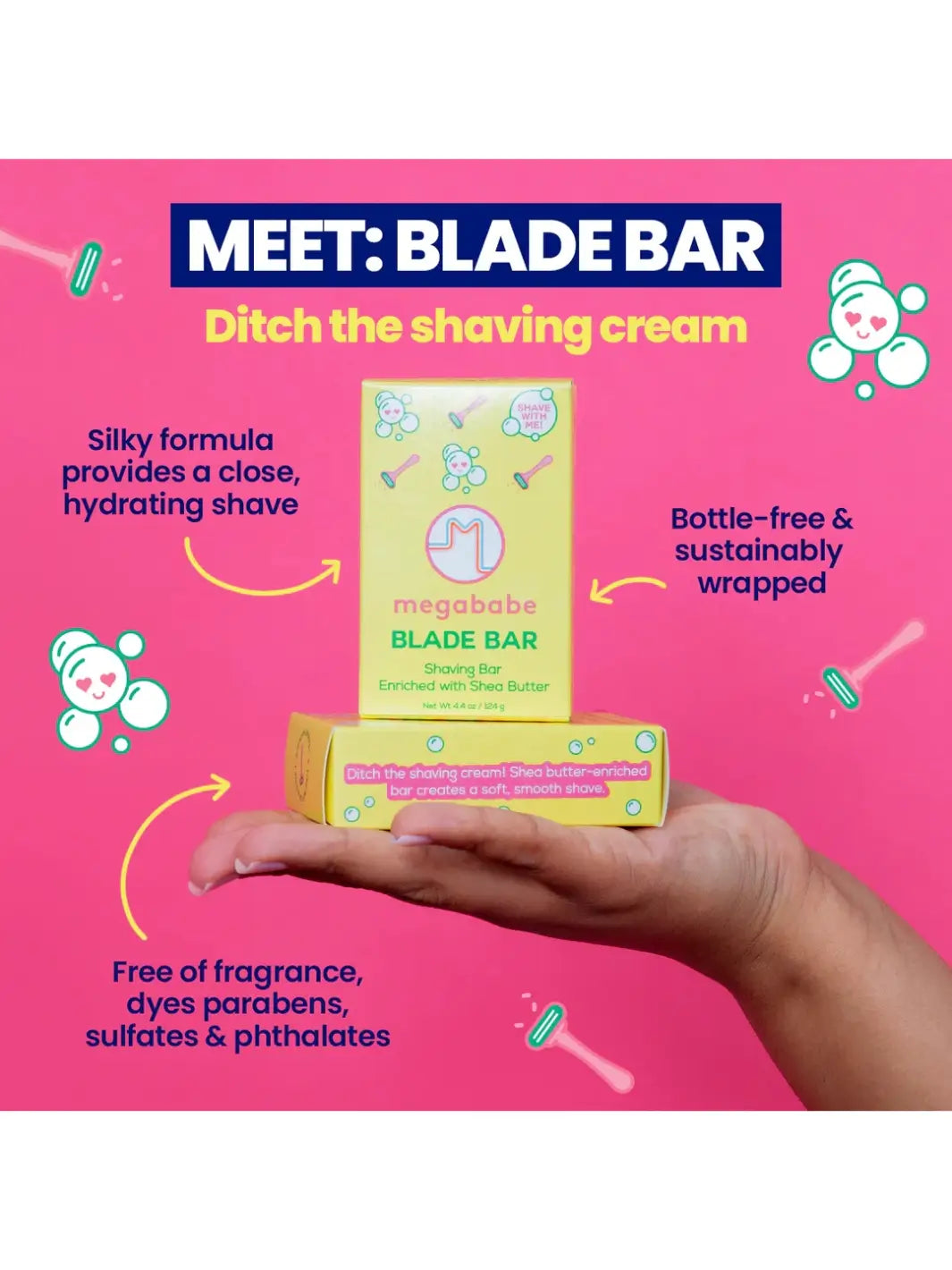 Graphic detailing benefits and features for Megababe Blade Bar on a pink background | Twentyseven Toronto
