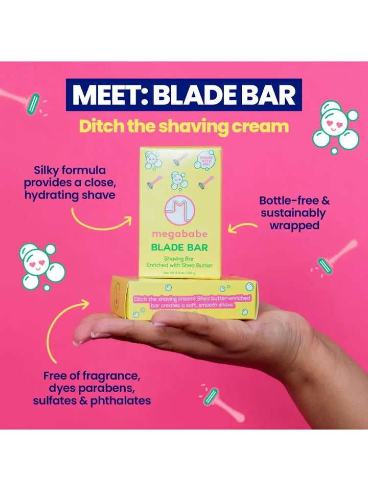 Graphic detailing benefits and features for Megababe Blade Bar on a pink background | Twentyseven Toronto