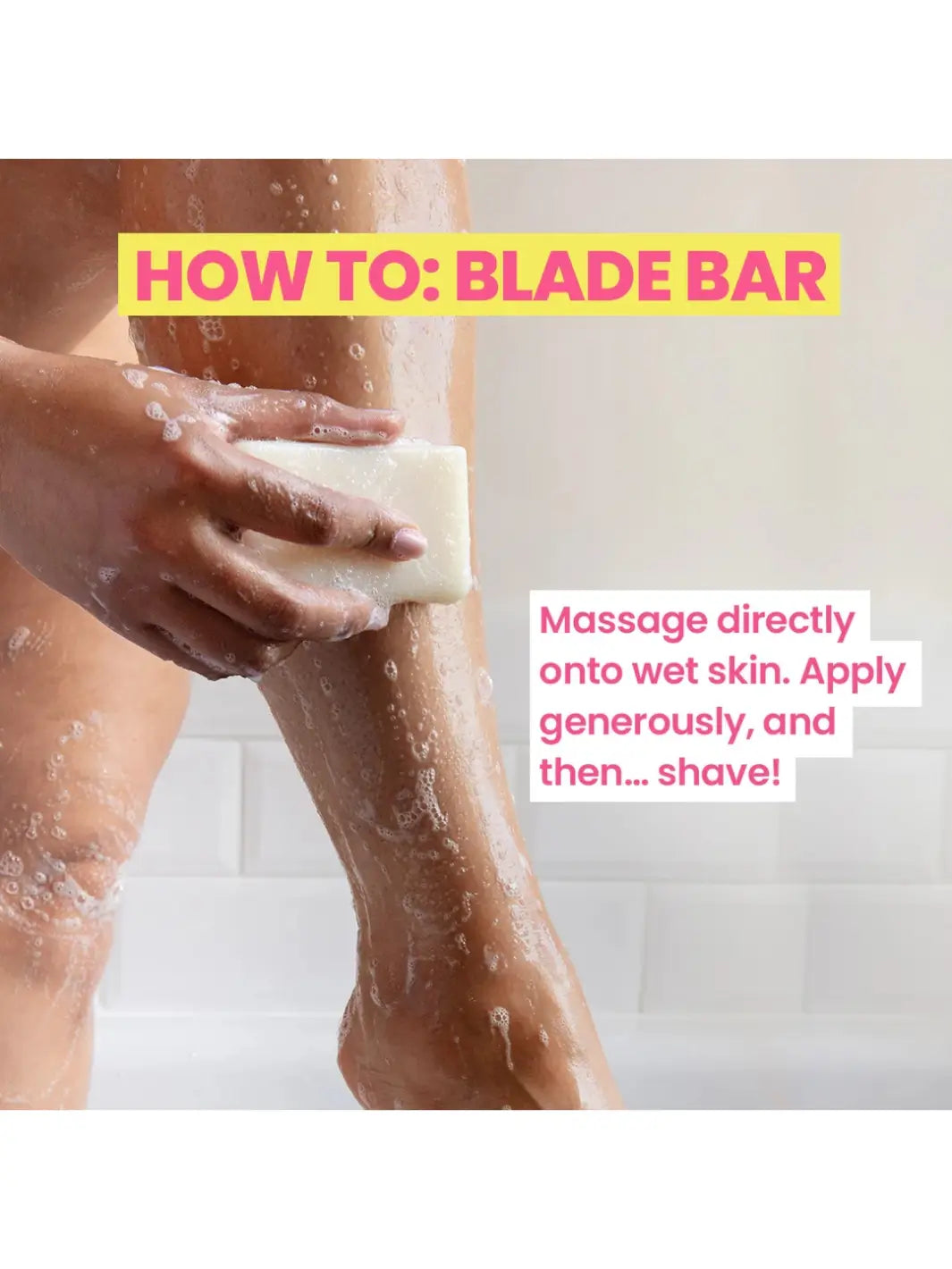 Person using a Megababe Blade Bar on their leg with text instructions | Twentyseven Toronto