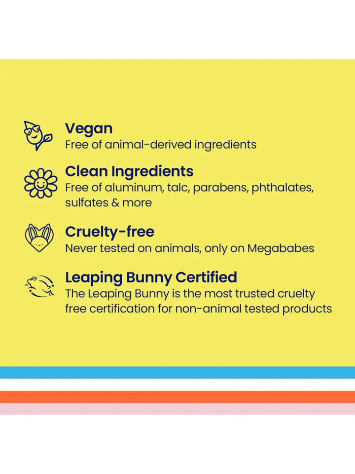 Certification labels for 'Blade Bar' from Megababe detailing vegan, clean ingredients, cruelty-free, and Leaping Bunny Certified on a yellow background | Twentyseven Toronto