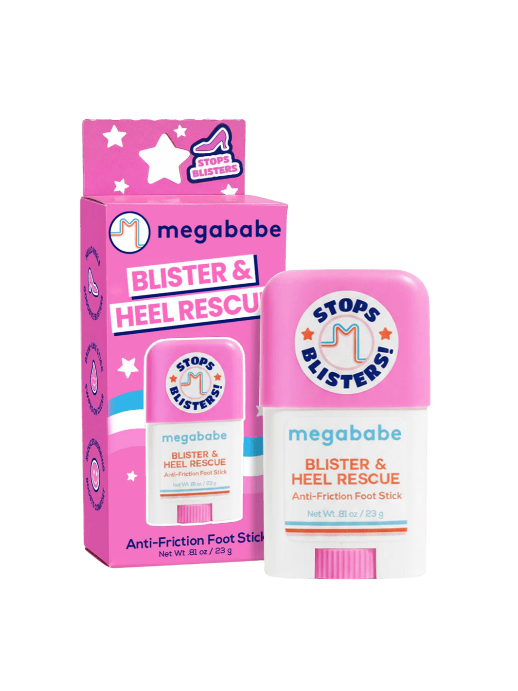 The pink and white stick of Megababe Blister & Heel Rescue stands upright next to its matching pink outer product packaging | Twentyseven Toronto