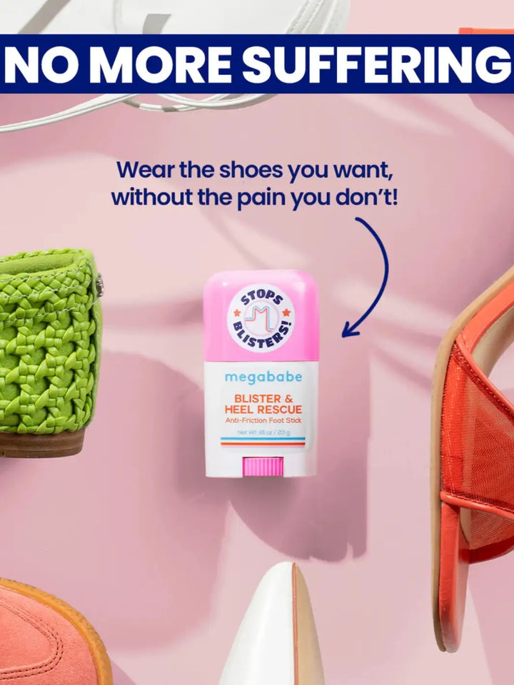 A Megababe Blister & Heel Rescue stick is centered on a pink background surrounded by various styles of colorful women's shoes under text reading "Wear the shoes you want, without the pain you don't!" | Twentyseven Toronto