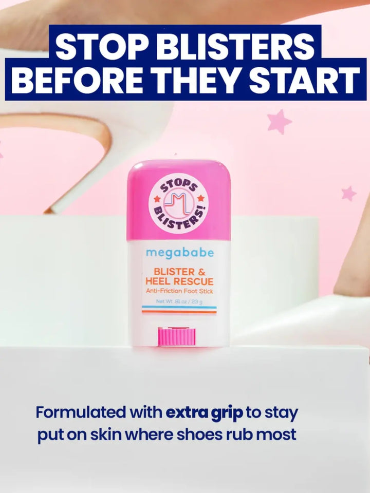 Megababe Blister & Heel Rescue rests on a white platform beneath bold text that states "STOP BLISTERS BEFORE THEY START" | Twentyseven Toronto