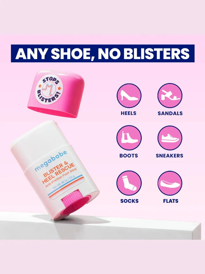 An open stick of Megababe Blister & Heel Rescue sits on a shelf next to circular icons representing heels, sandals, boots, sneakers, socks, and flats under the heading "ANY SHOE, NO BLISTERS" | Twentyseven Toronto