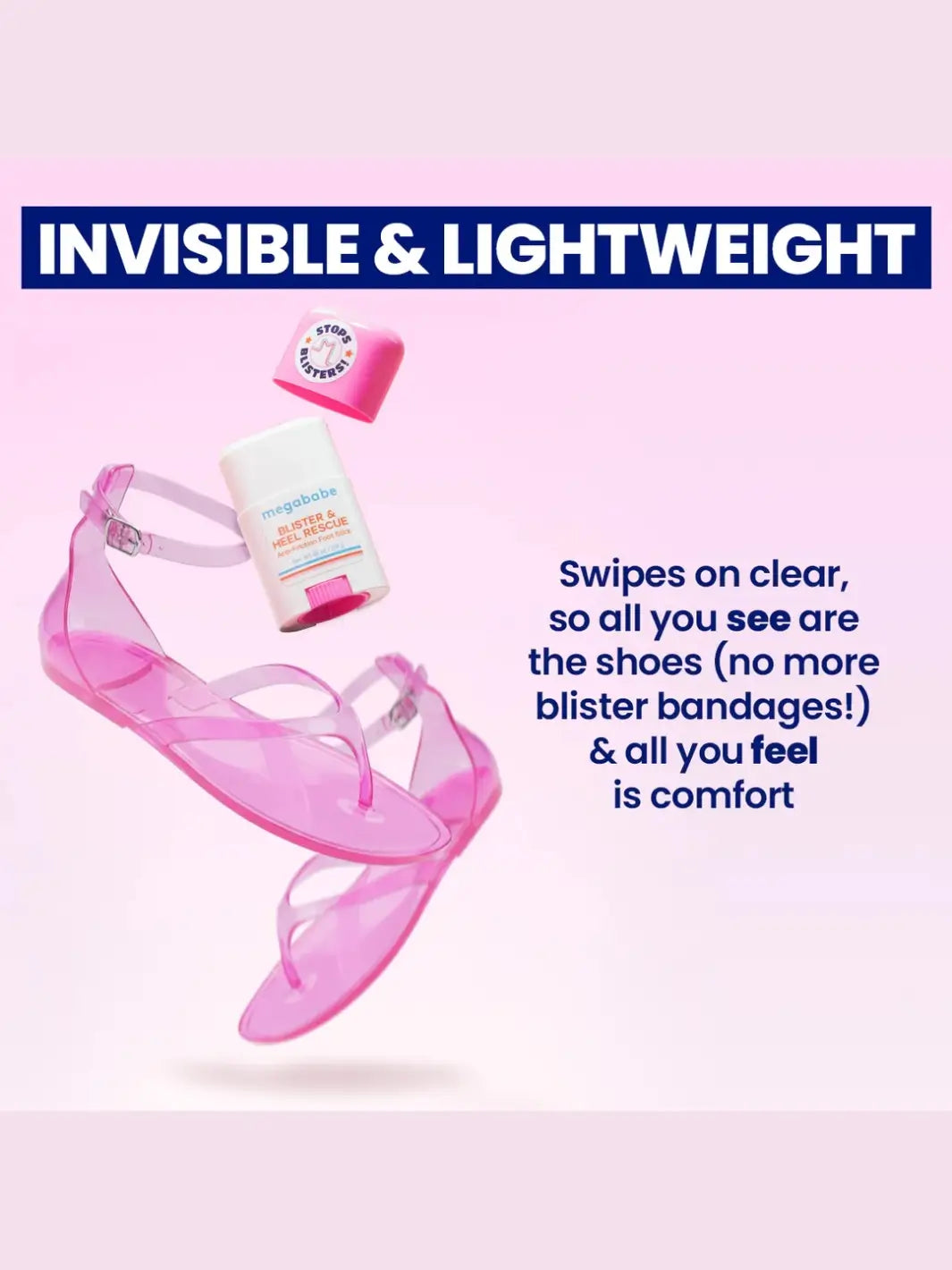 An open Megababe Blister & Heel Rescue stick floats mid-air alongside a pair of transparent pink strappy sandals against a light pink backdrop | Twentyseven Toronto