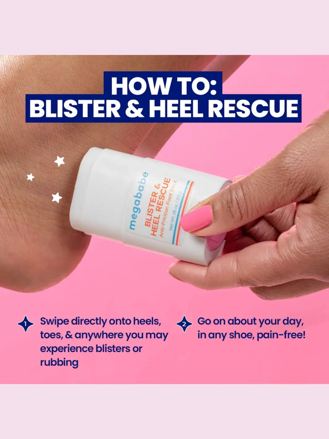 A hand applies the Megababe Blister & Heel Rescue stick directly to the back of a heel against a vibrant pink background | Twentyseven Toronto