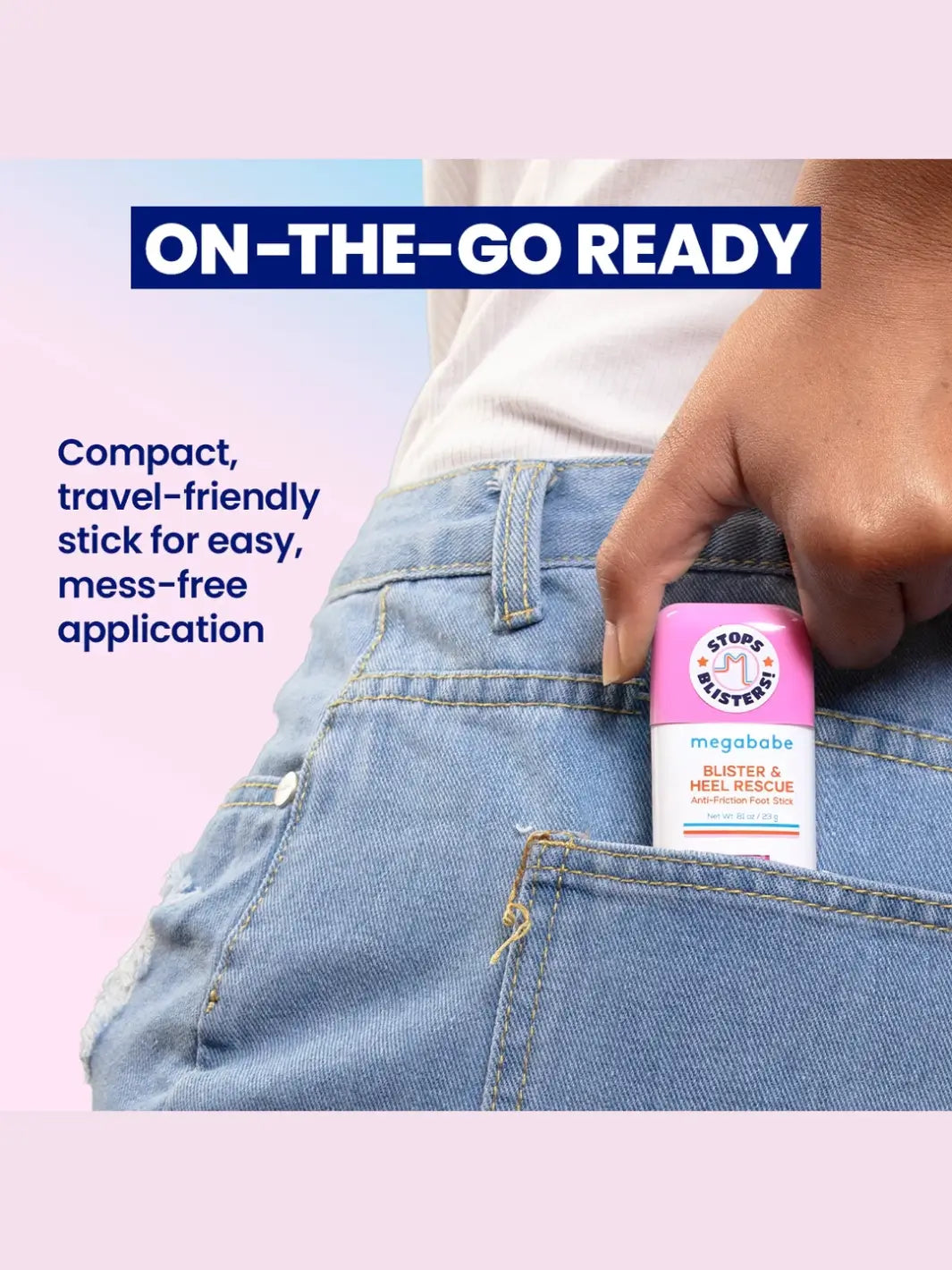 A person slides a compact stick of Megababe Blister & Heel Rescue into the back pocket of their light-wash denim shorts | Twentyseven Toronto