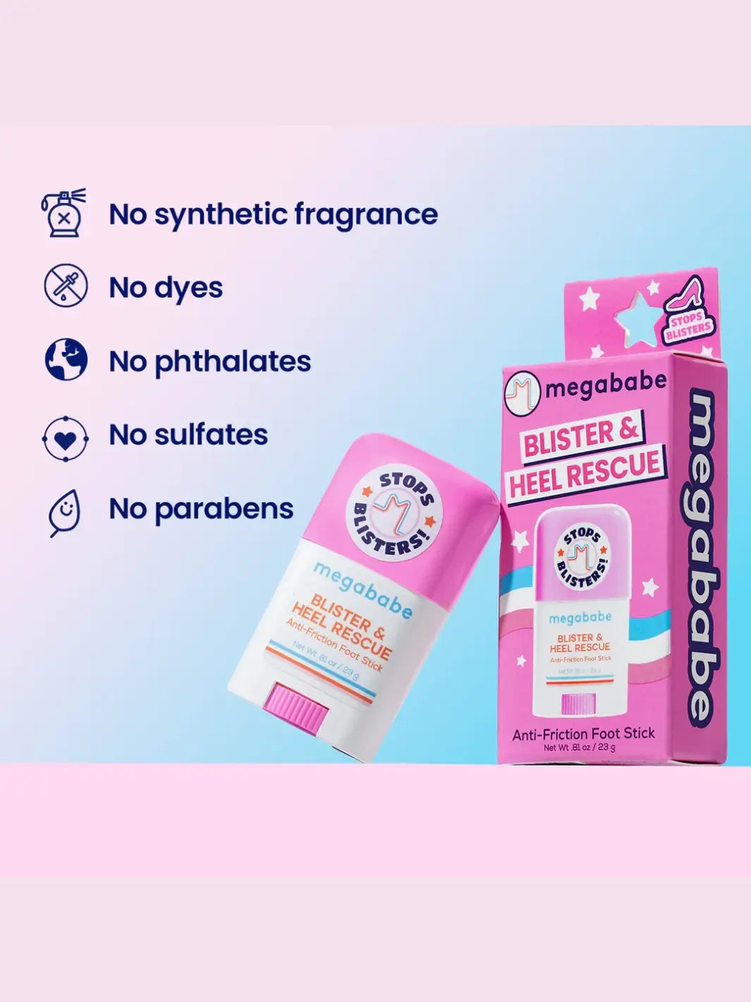 The Megababe Blister & Heel Rescue stick and its box are displayed next to icons highlighting that the formula contains no synthetic fragrance, dyes, phthalates, sulfates, or parabens | Twentyseven Toronto