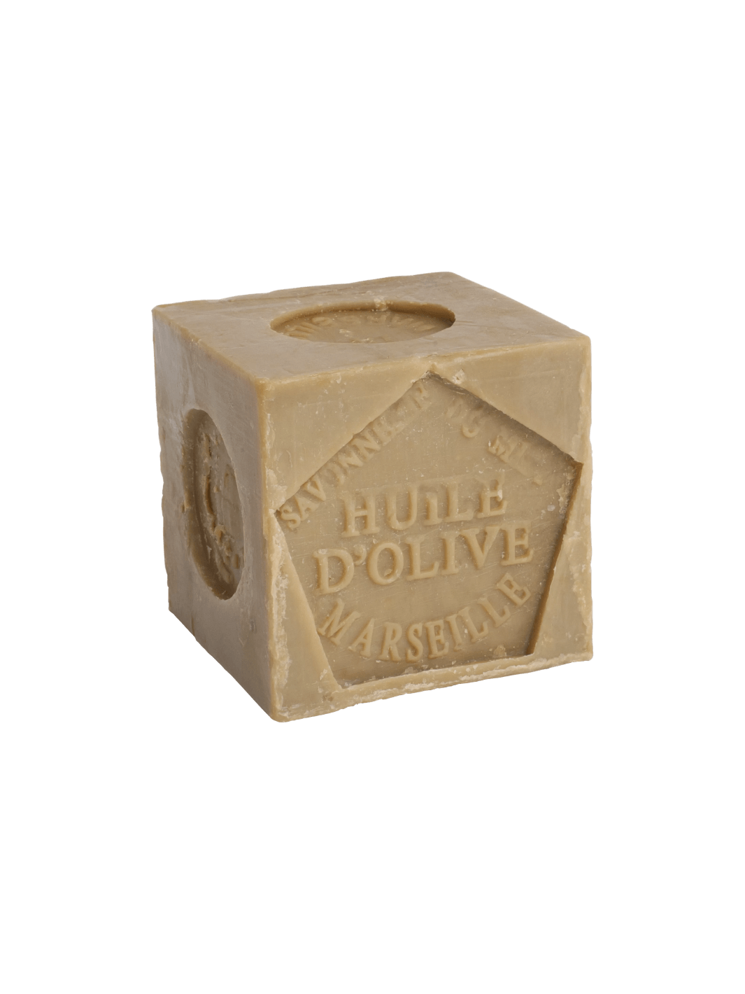 Cube-shaped bar of soap from Burstenhaus Redecker with 'Huile d'Olive Marseille' branding on a transparent background | Twentyseven Toronto