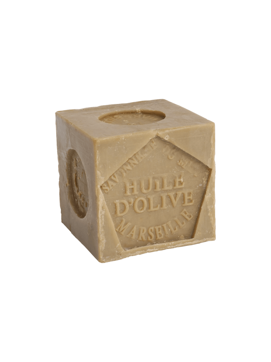 Cube-shaped bar of soap from Burstenhaus Redecker with 'Huile d'Olive Marseille' branding on a transparent background | Twentyseven Toronto